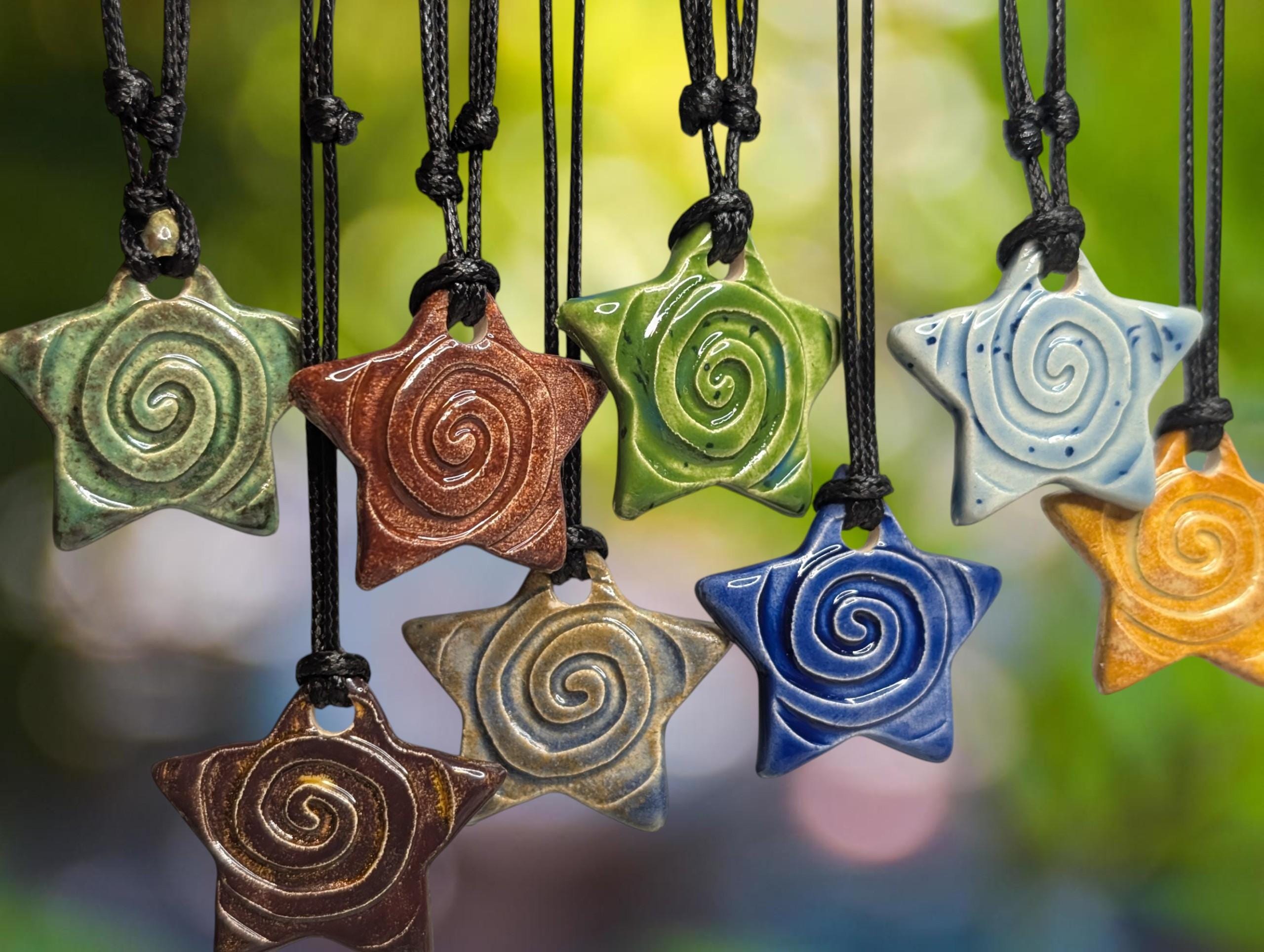 NoctemPottery Star Swirl Spiral Ceramic Pendant Necklace Adjustable Cord