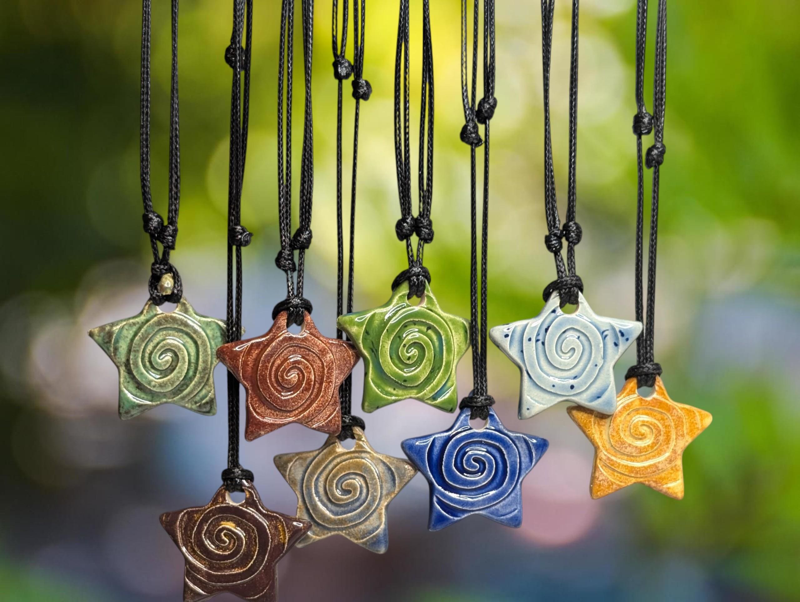 NoctemPottery Star Swirl Spiral Ceramic Pendant Necklace Adjustable Cord