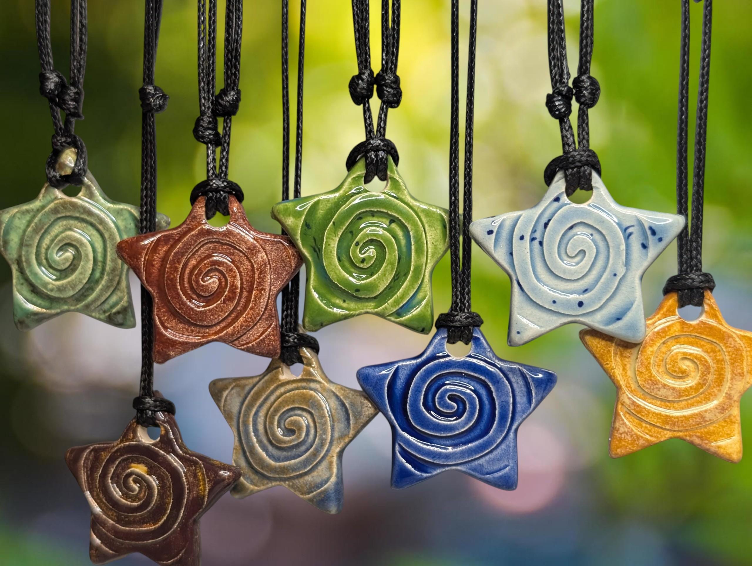 NoctemPottery Star Swirl Spiral Ceramic Pendant Necklace Adjustable Cord