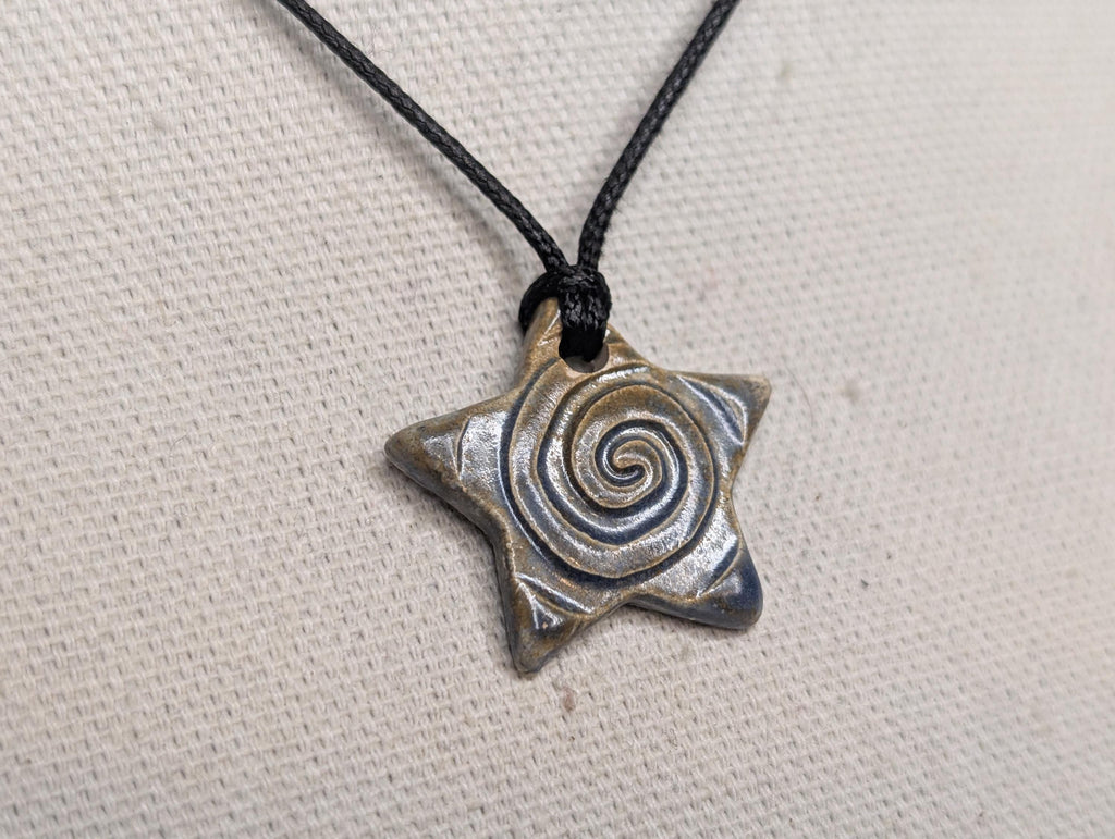 NoctemPottery Star Swirl Spiral Ceramic Pendant Necklace Adjustable Cord