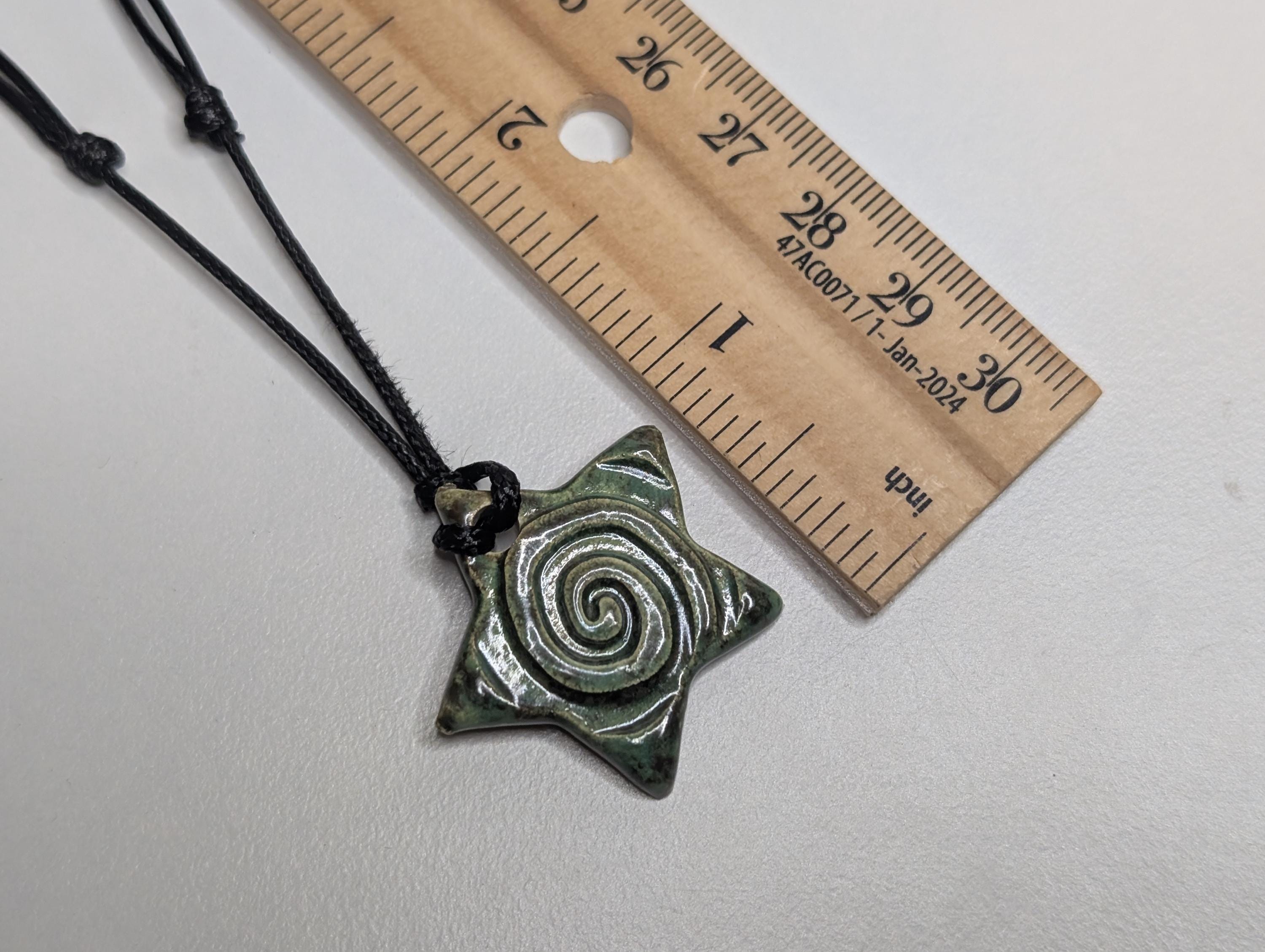 NoctemPottery Star Swirl Spiral Ceramic Pendant Necklace Adjustable Cord