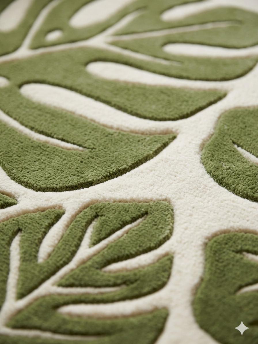 RugverseCreations Hand Tufted Wool Area Rug 3D Monstera Leaf Moss Green