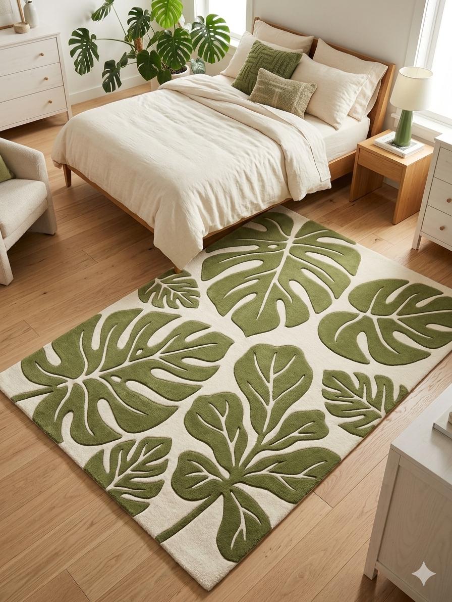 RugverseCreations Hand Tufted Wool Area Rug 3D Monstera Leaf Moss Green