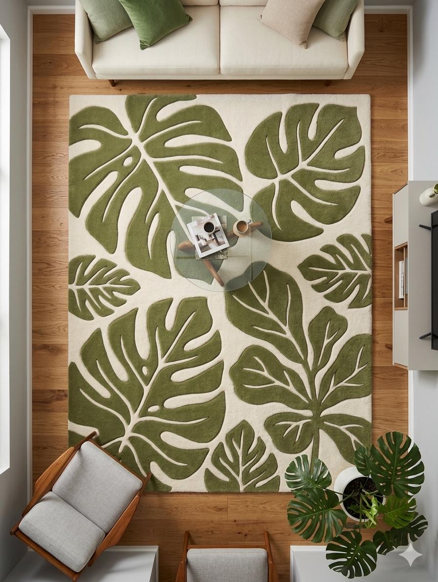RugverseCreations Hand Tufted Wool Area Rug 3D Monstera Leaf Moss Green
