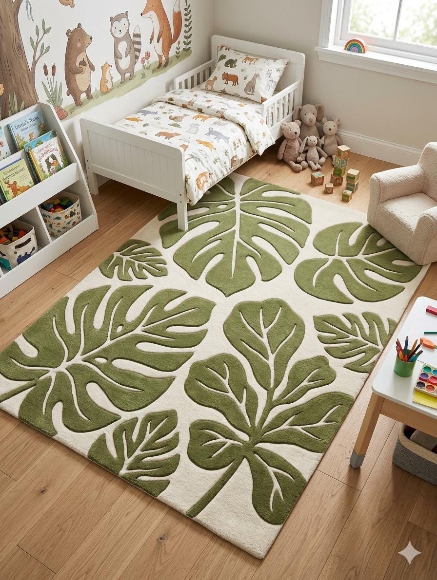 RugverseCreations Hand Tufted Wool Area Rug 3D Monstera Leaf Moss Green