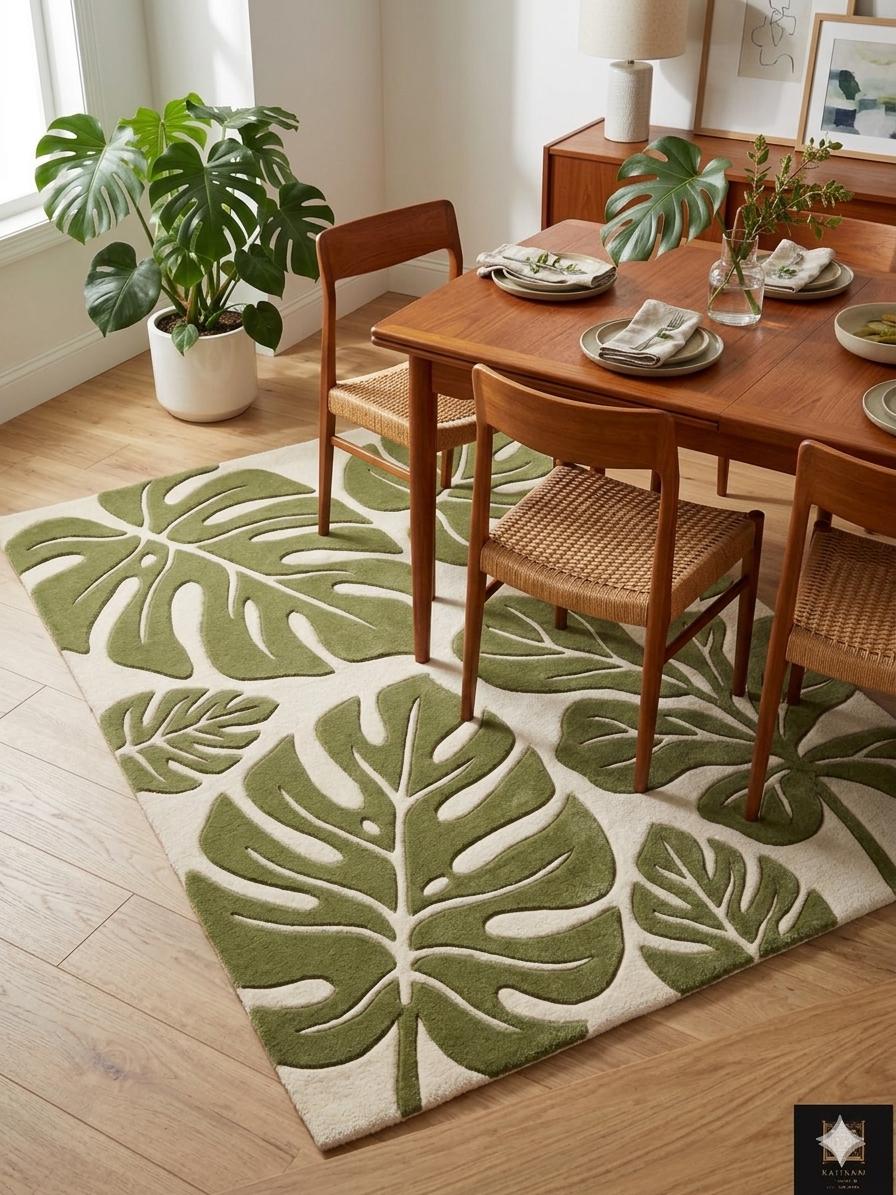 RugverseCreations Hand Tufted Wool Area Rug 3D Monstera Leaf Moss Green