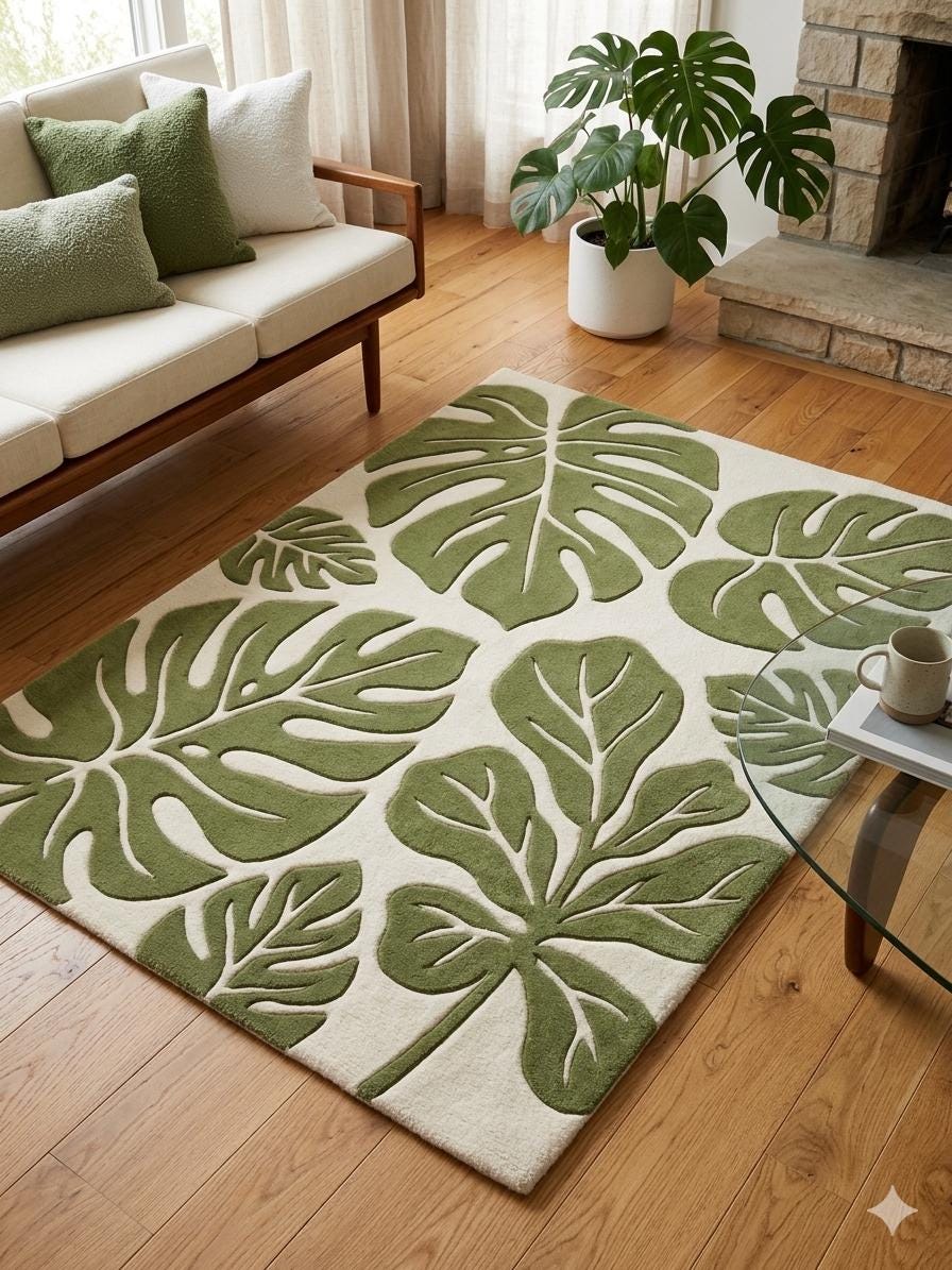 RugverseCreations Hand Tufted Wool Area Rug 3D Monstera Leaf Moss Green