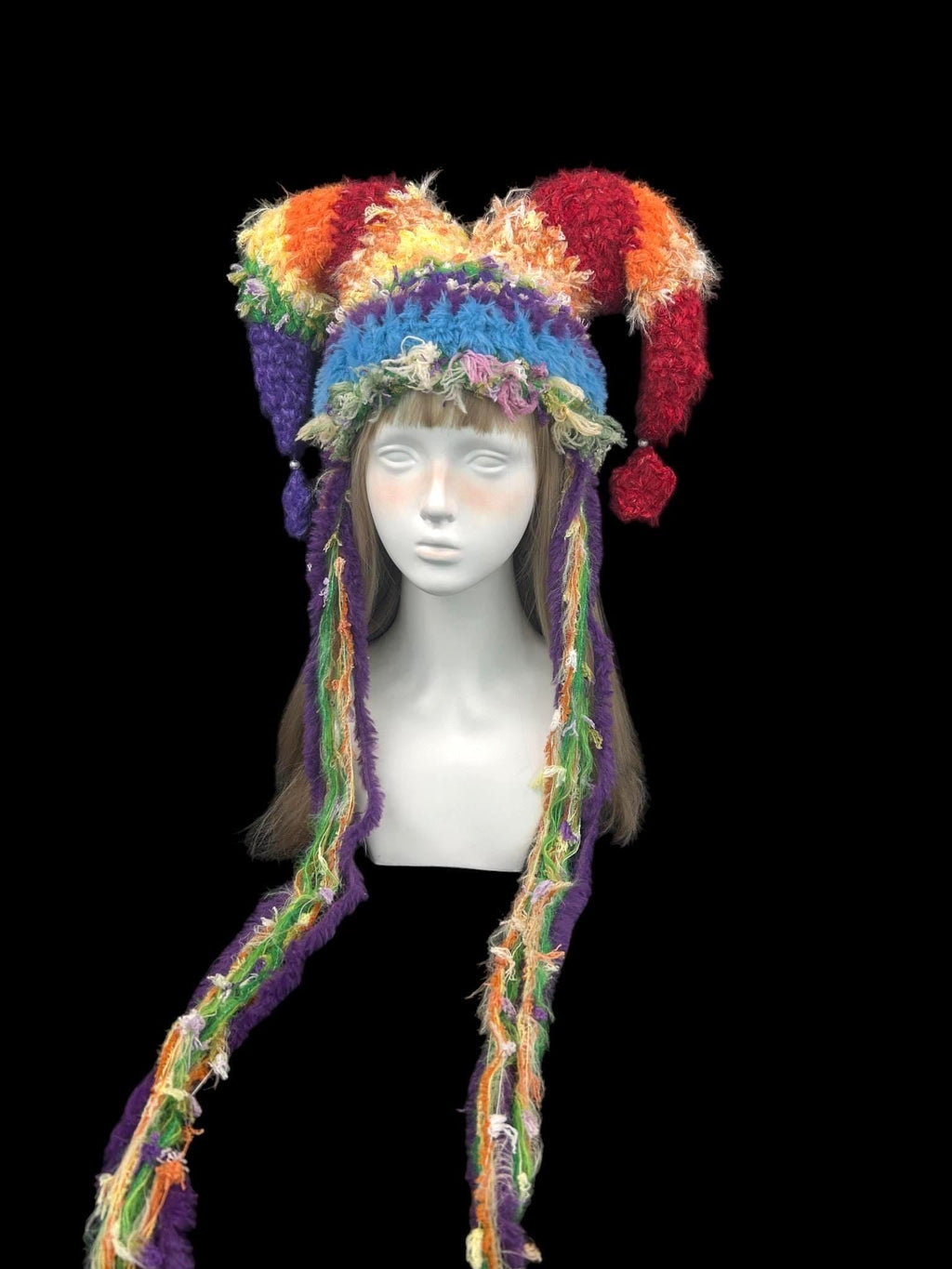 stellarPride Rainbow Textured Jester Hat With Long Tassel Strands