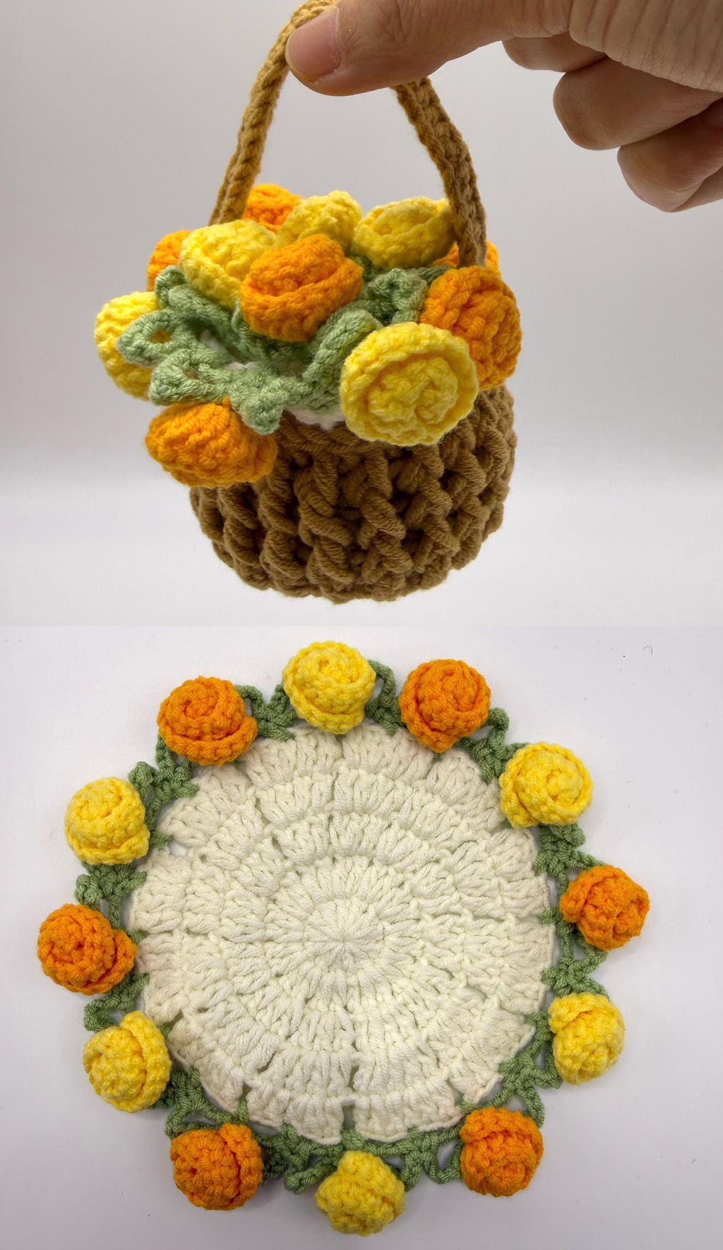 CrochetRecipe Handmade Crochet Flower Coaster Set With Basket Holder