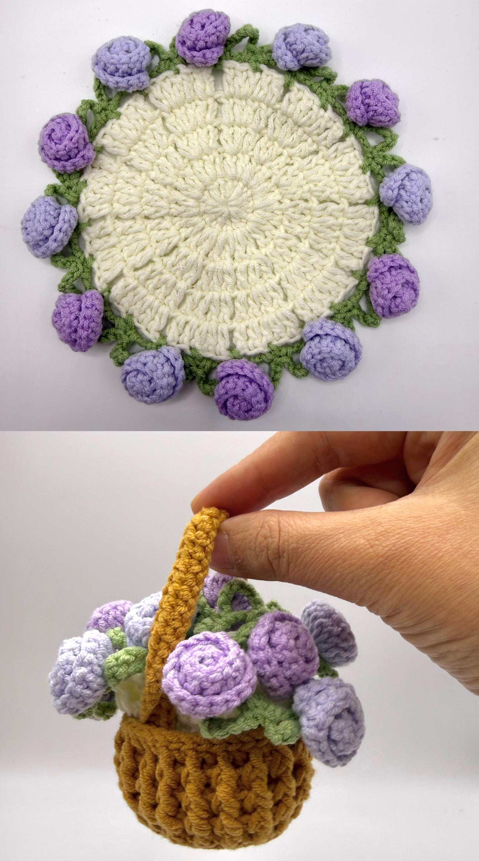Handmade Crochet Flower Coaster Set with Basket Holder Cotton