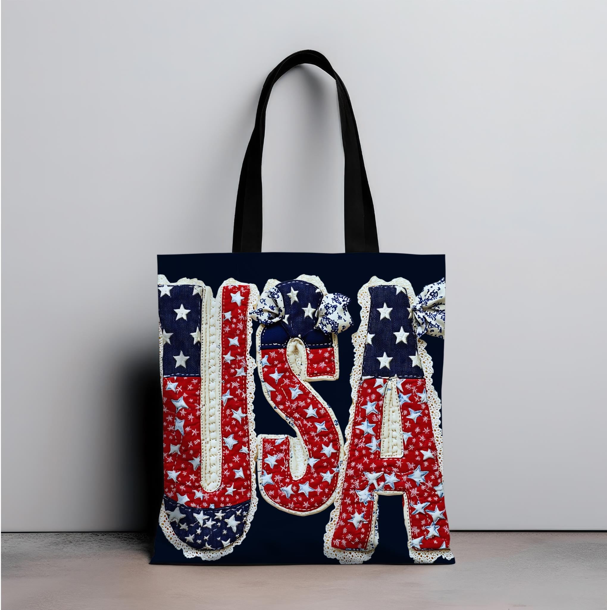 USA Tote Bag Faux Embroidered American Flag Fourth of July