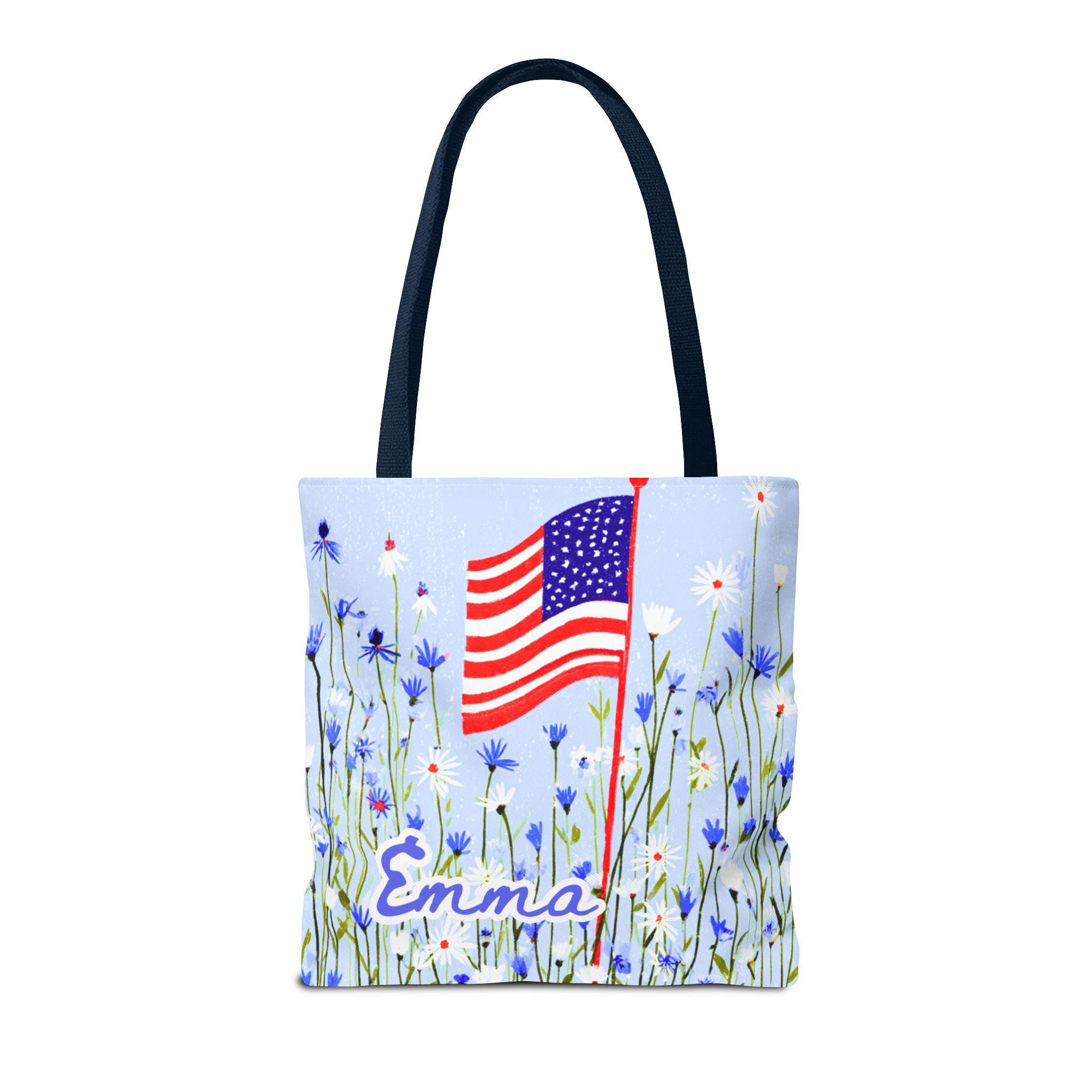 Floral American Flag Tote Bag, Wildflower USA Patriotic Tote