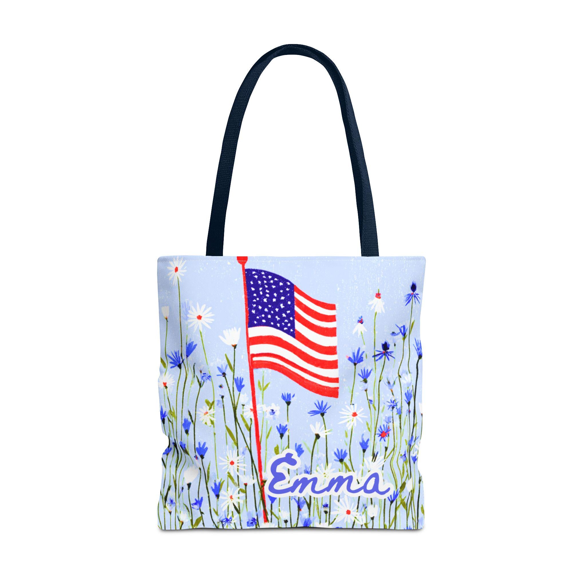 Floral American Flag Tote Bag, Wildflower USA Patriotic Tote