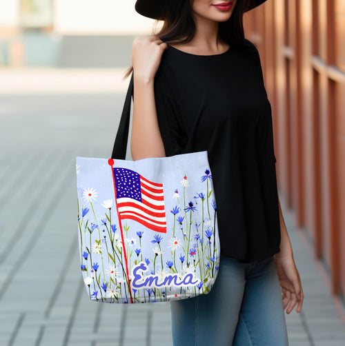 Floral American Flag Tote Bag, Wildflower USA Patriotic Tote