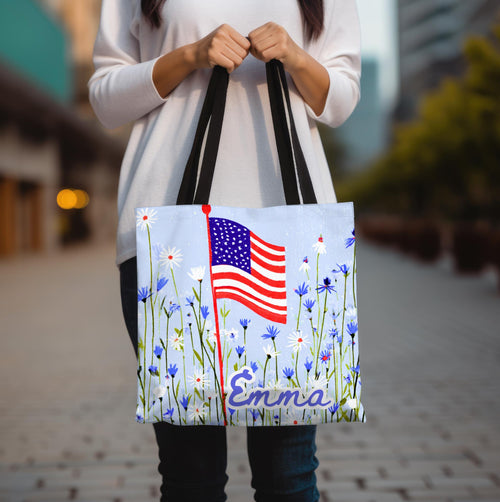 Floral American Flag Tote Bag, Wildflower USA Patriotic Tote