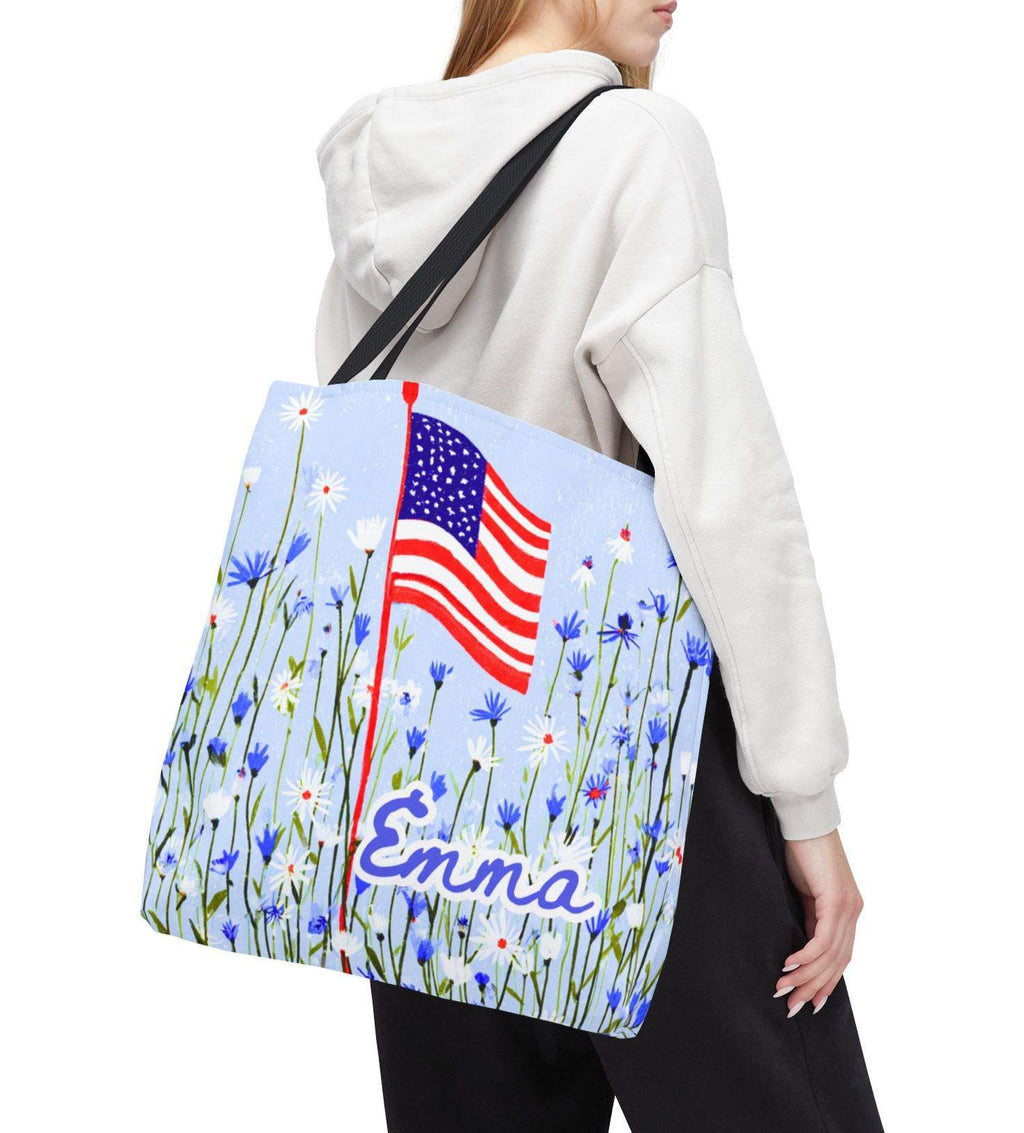 Floral American Flag Tote Bag, Wildflower USA Patriotic Tote