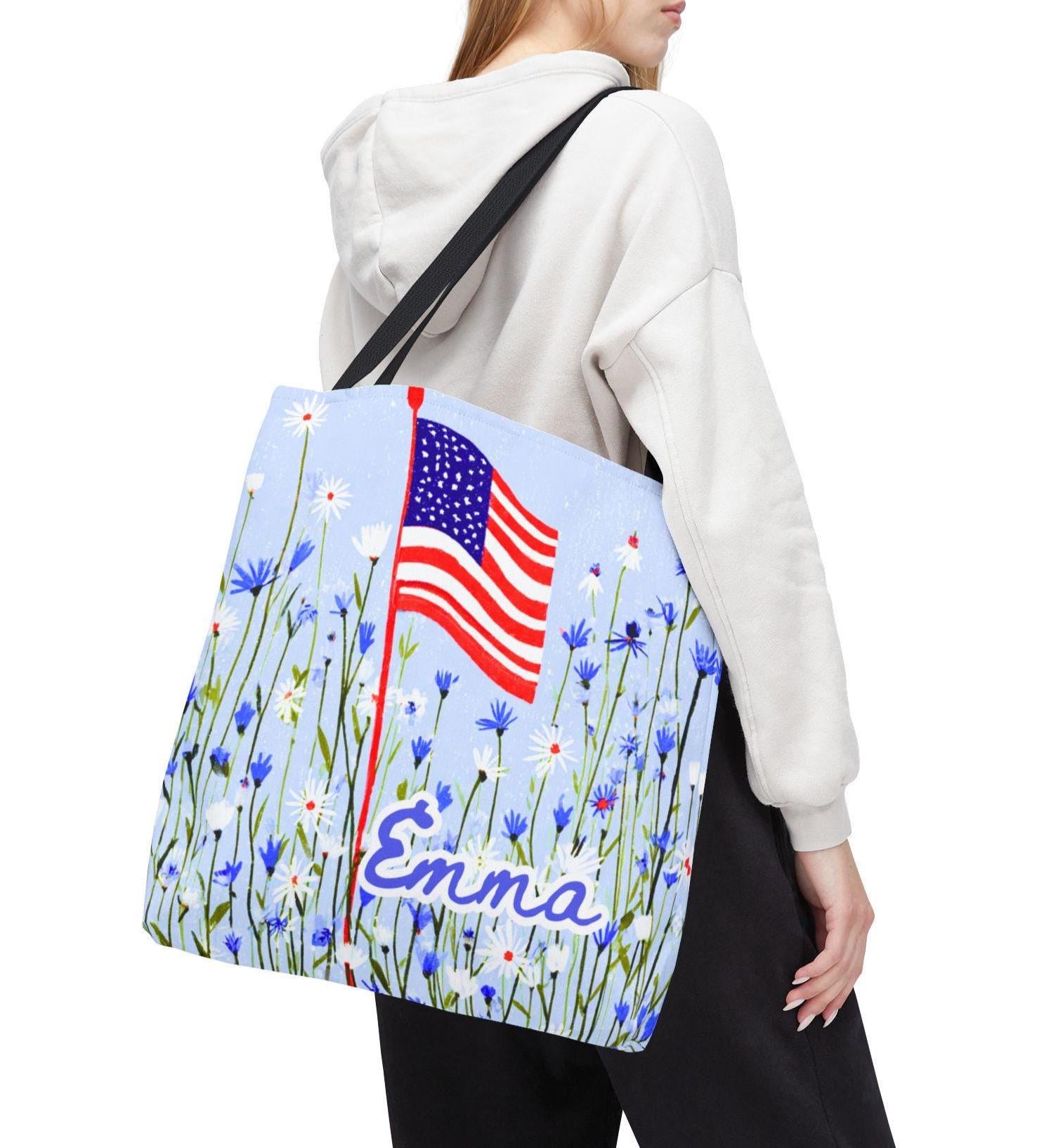 Floral American Flag Tote Bag, Wildflower USA Patriotic Tote