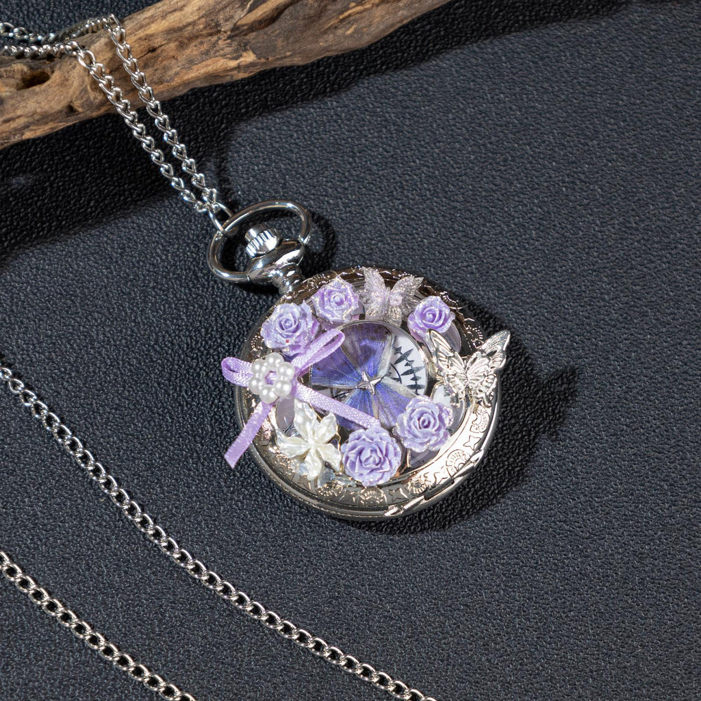 Oryeia Pure Handmade Butterfly Pocket Watch Necklace Lavender Silver