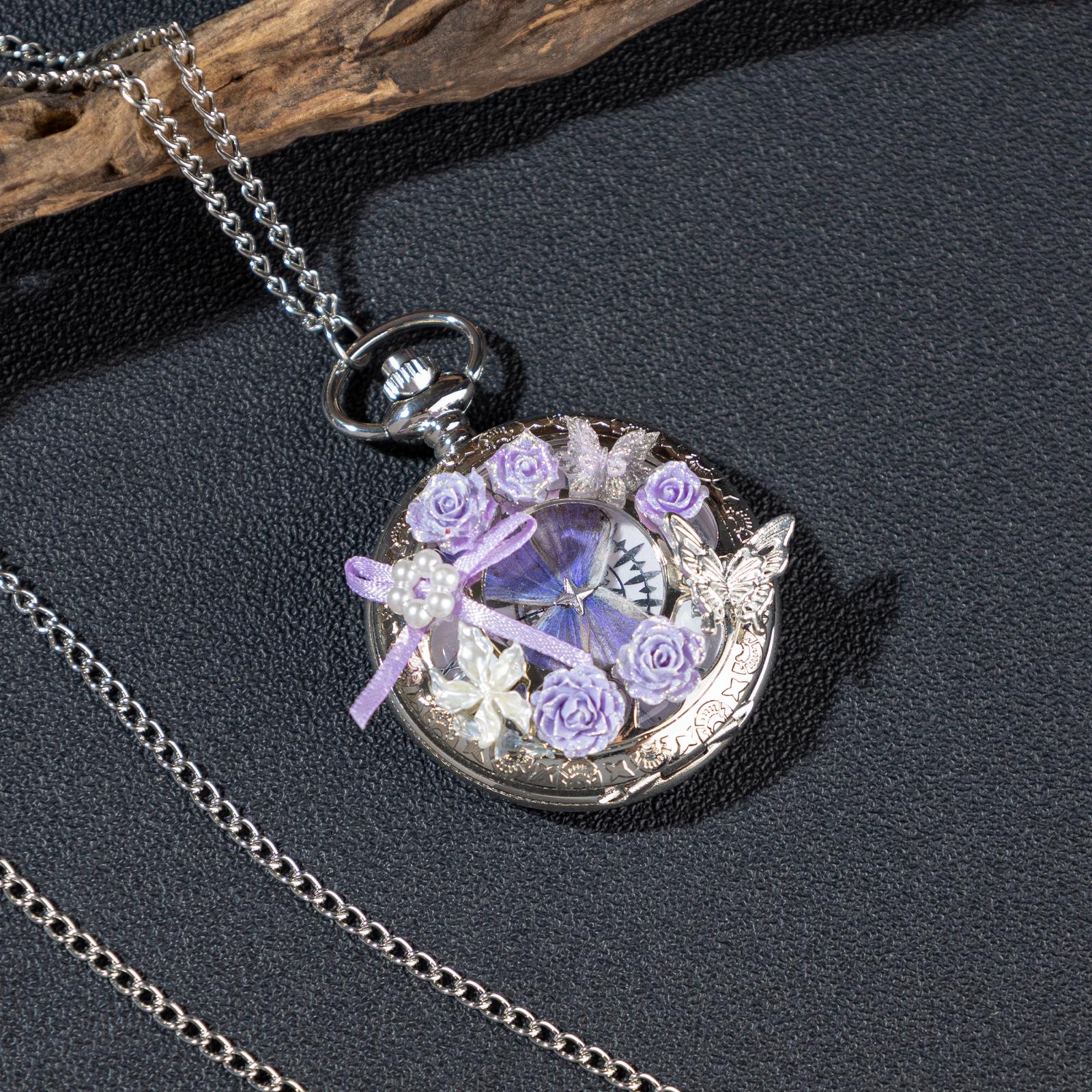 Oryeia Pure Handmade Butterfly Pocket Watch Necklace Lavender Silver