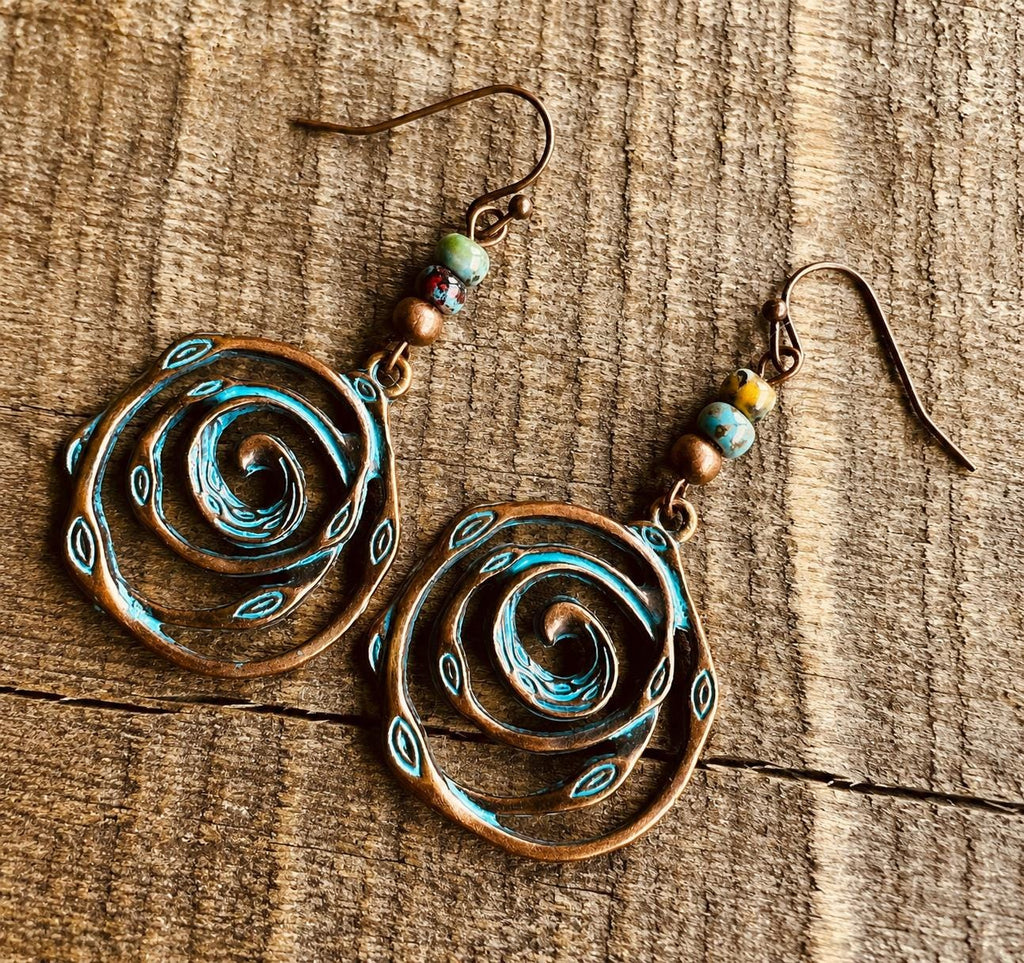 BohoWrapFrancesca Handmade Copper Patina Spiral Dangle Earrings Turquoise