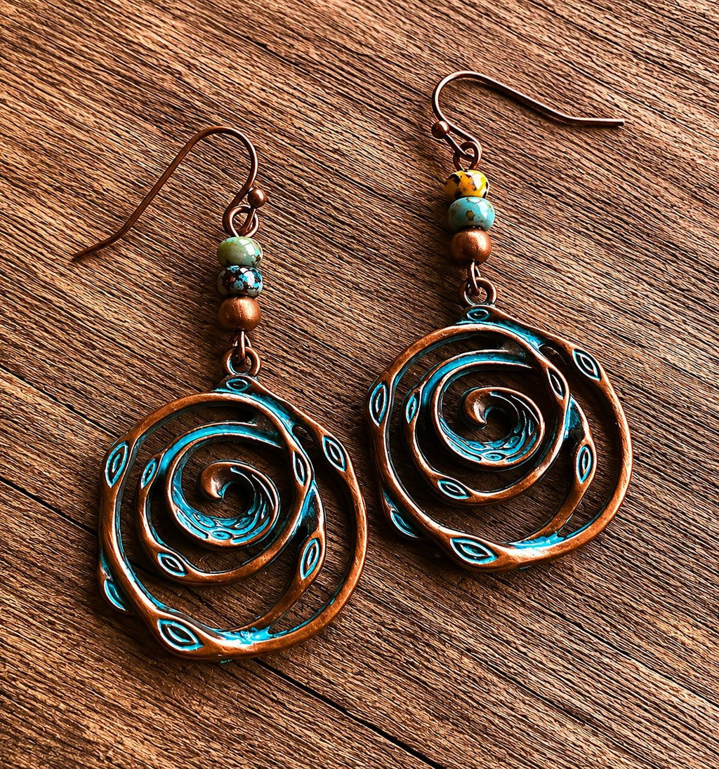 BohoWrapFrancesca Handmade Copper Patina Spiral Dangle Earrings Turquoise