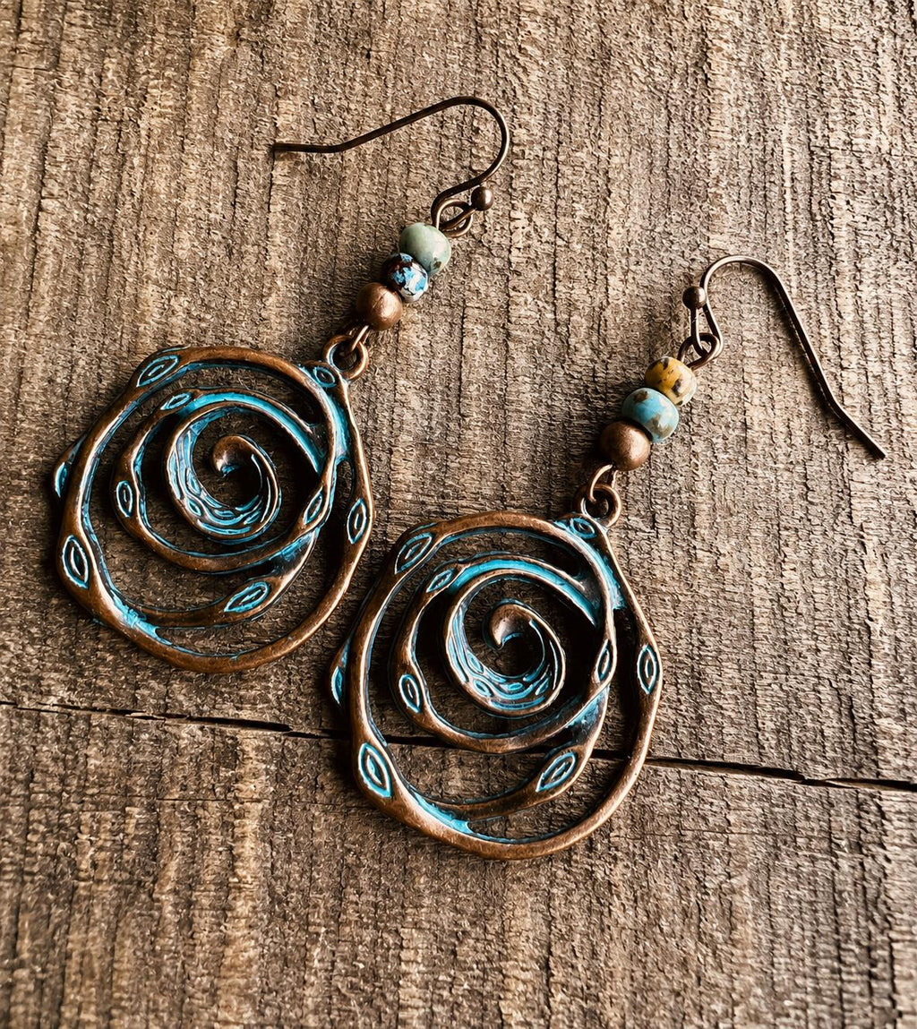 BohoWrapFrancesca Handmade Copper Patina Spiral Dangle Earrings Turquoise