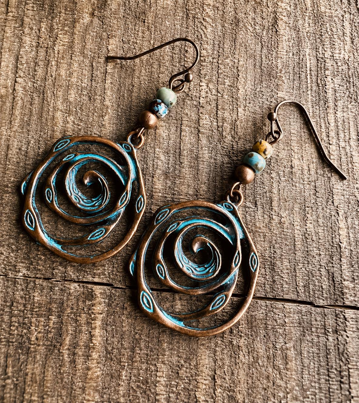 BohoWrapFrancesca Handmade Copper Patina Spiral Dangle Earrings Turquoise