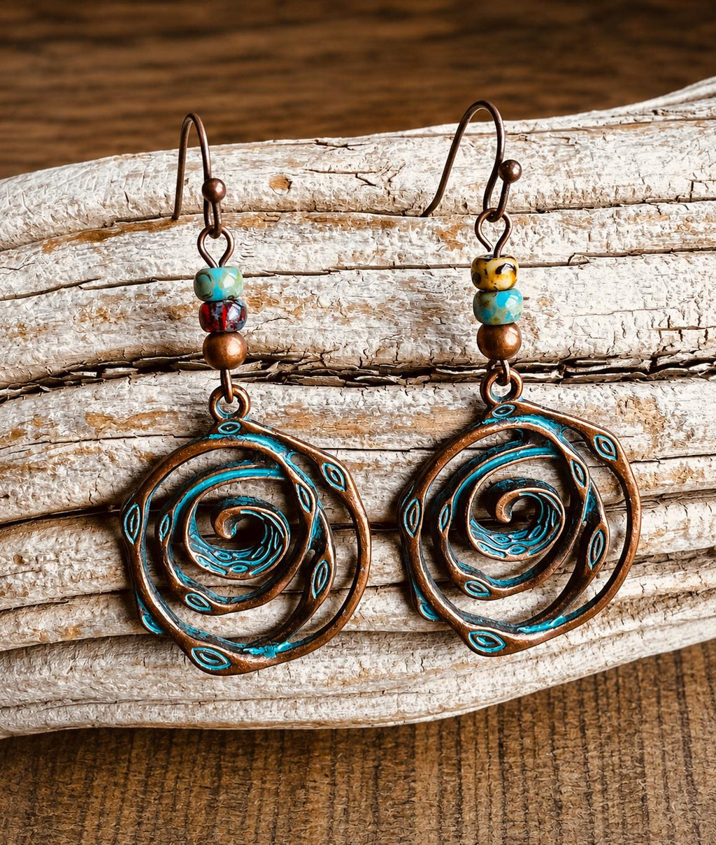 BohoWrapFrancesca Handmade Copper Patina Spiral Dangle Earrings Turquoise