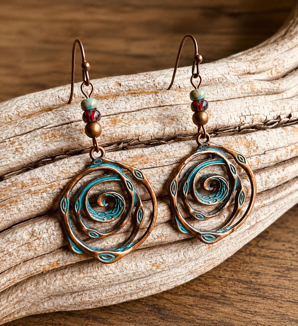BohoWrapFrancesca Handmade Copper Patina Spiral Dangle Earrings Turquoise