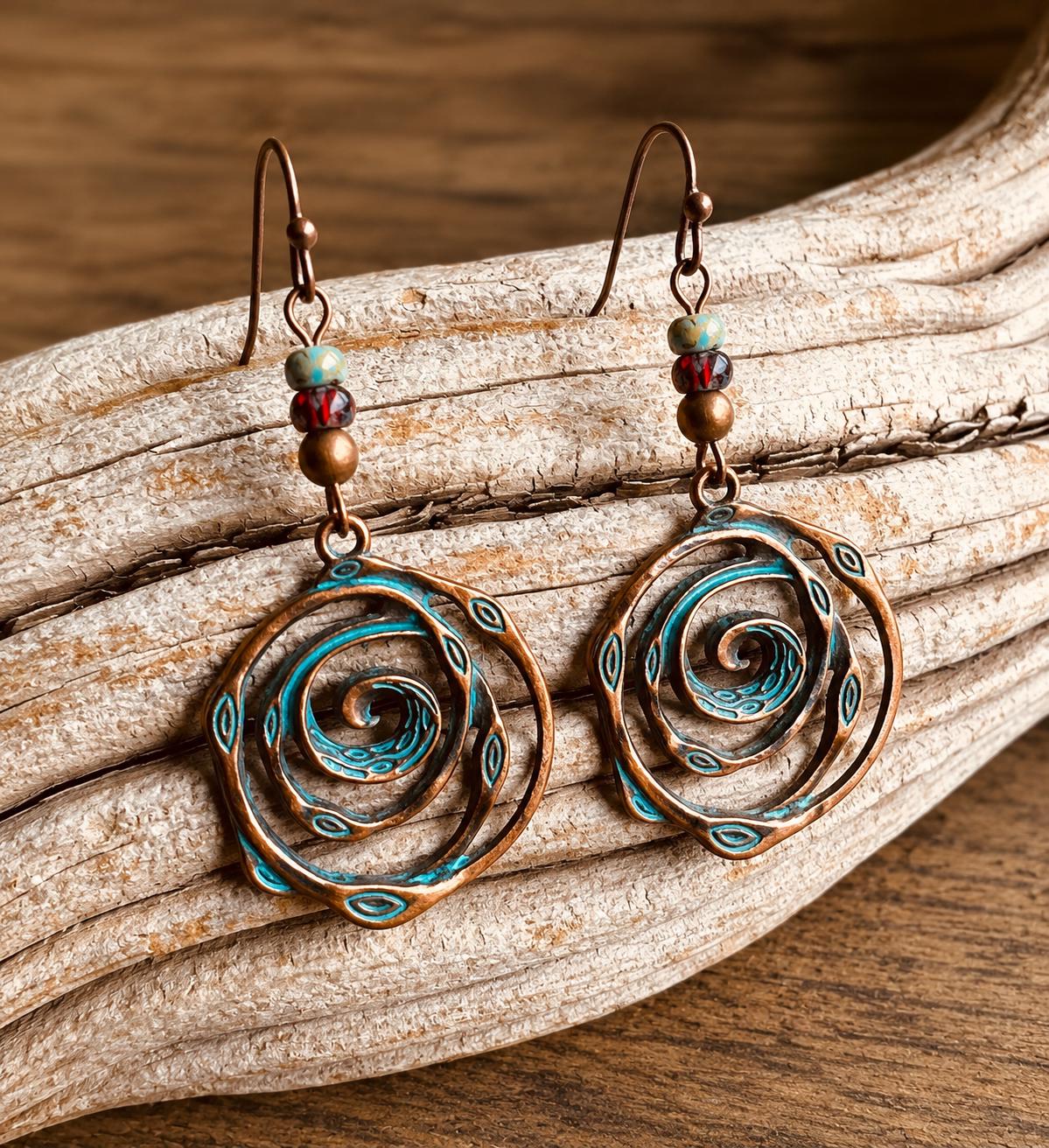 BohoWrapFrancesca Handmade Copper Patina Spiral Dangle Earrings Turquoise