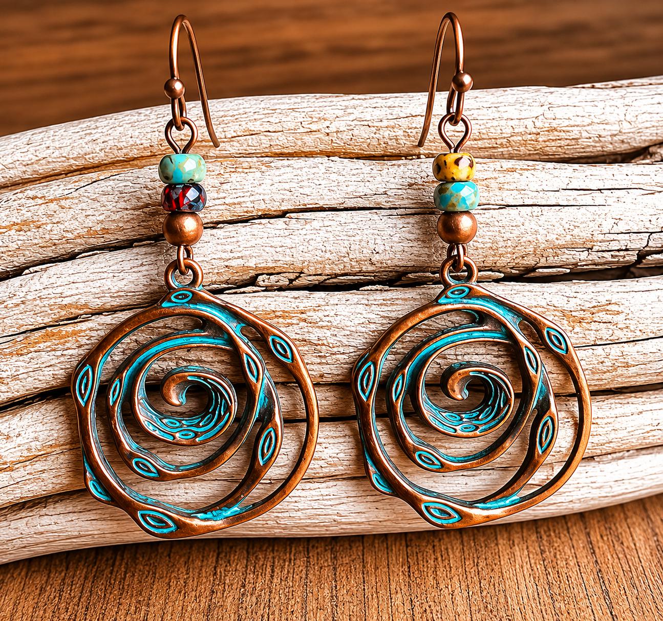 BohoWrapFrancesca Handmade Copper Patina Spiral Dangle Earrings Turquoise