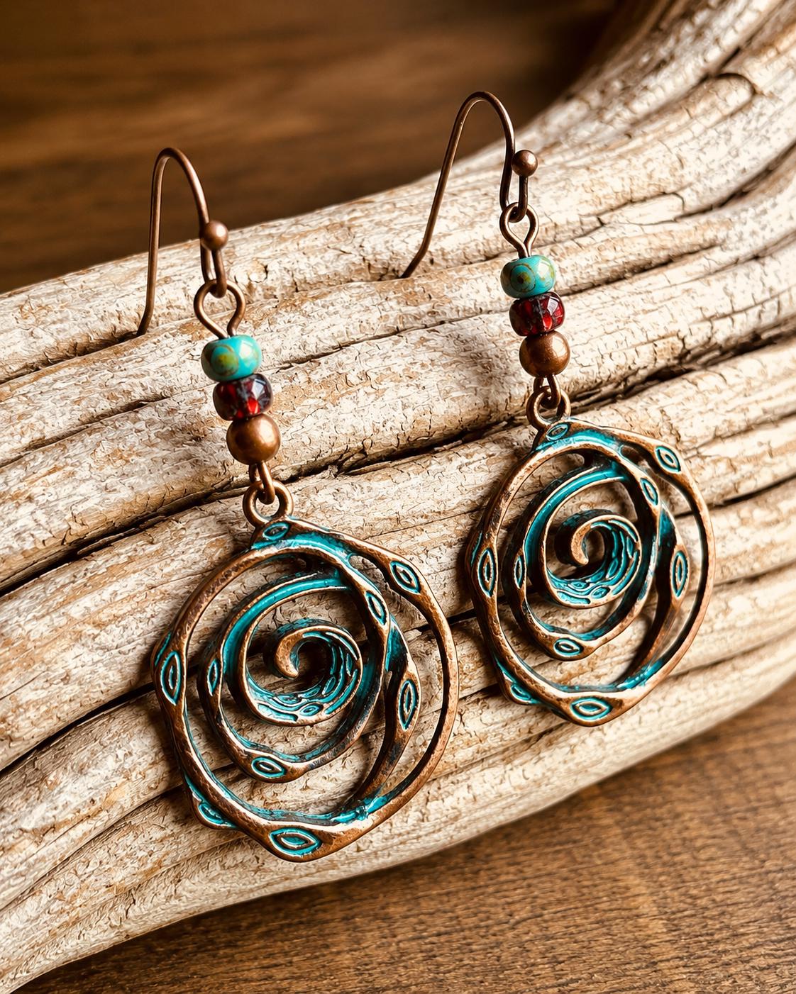 BohoWrapFrancesca Handmade Copper Patina Spiral Dangle Earrings Turquoise