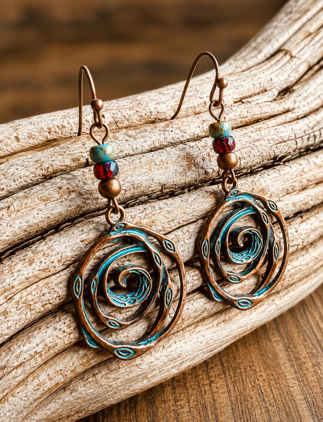 BohoWrapFrancesca Handmade Copper Patina Spiral Dangle Earrings Turquoise