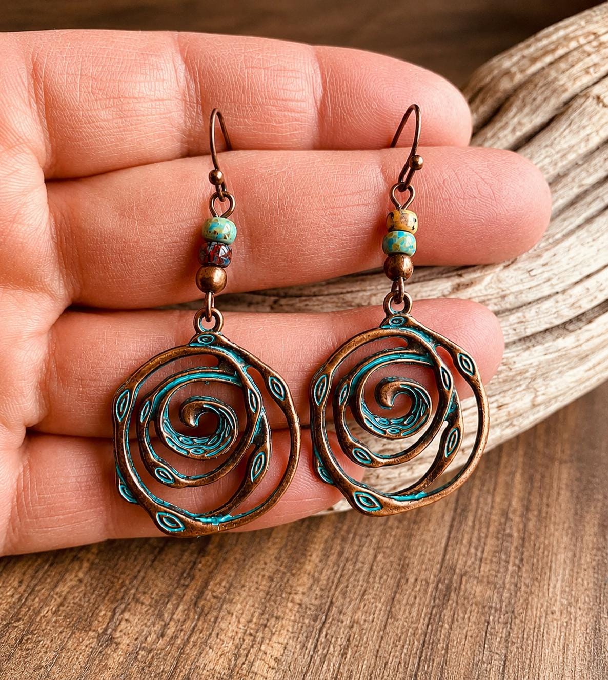 BohoWrapFrancesca Handmade Copper Patina Spiral Dangle Earrings Turquoise