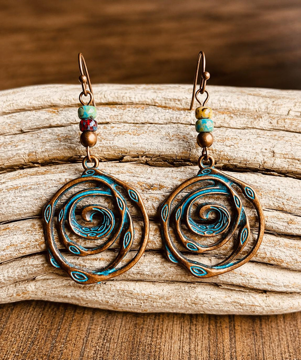 BohoWrapFrancesca Handmade Copper Patina Spiral Dangle Earrings Turquoise