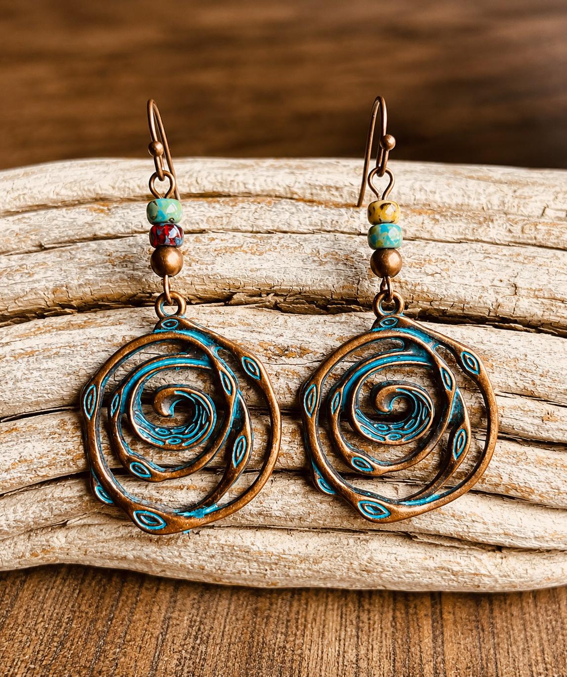 BohoWrapFrancesca Handmade Copper Patina Spiral Dangle Earrings Turquoise