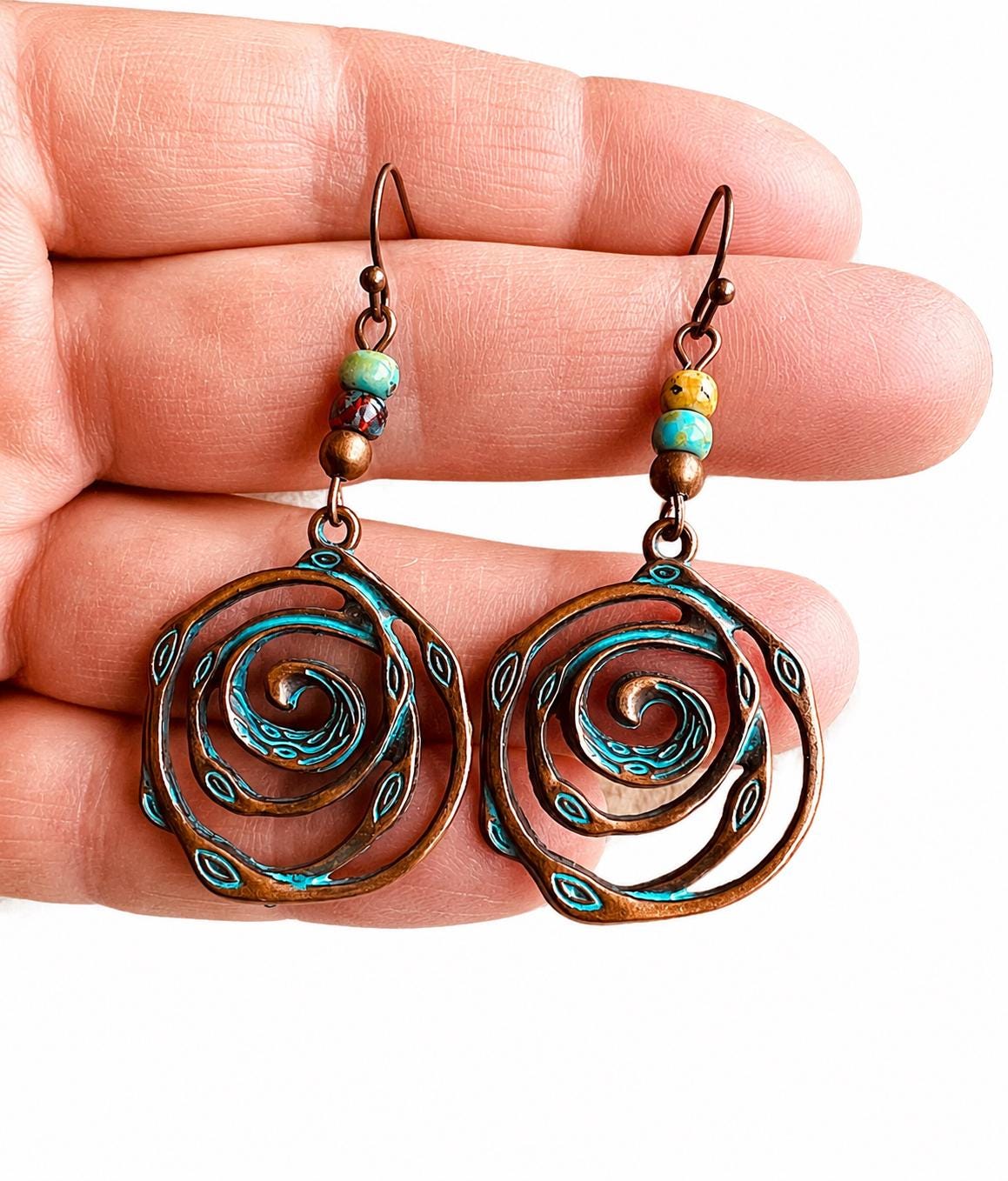 BohoWrapFrancesca Handmade Copper Patina Spiral Dangle Earrings Turquoise