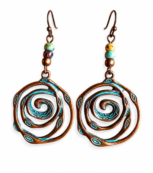 BohoWrapFrancesca Handmade Copper Patina Spiral Dangle Earrings Turquoise