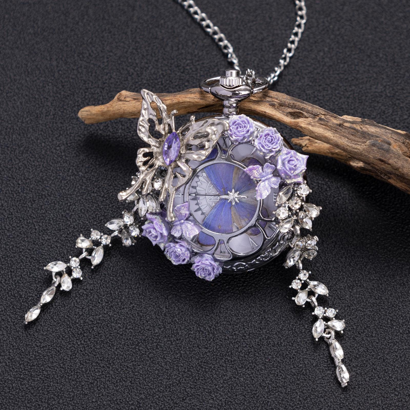 Oryeia Handmade Purple Butterfly Specimen Pocket Watch Necklace