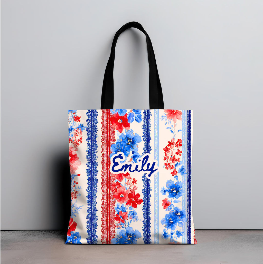 Personalized Patriotic Wildflower Tote Bag Red White Blue Floral