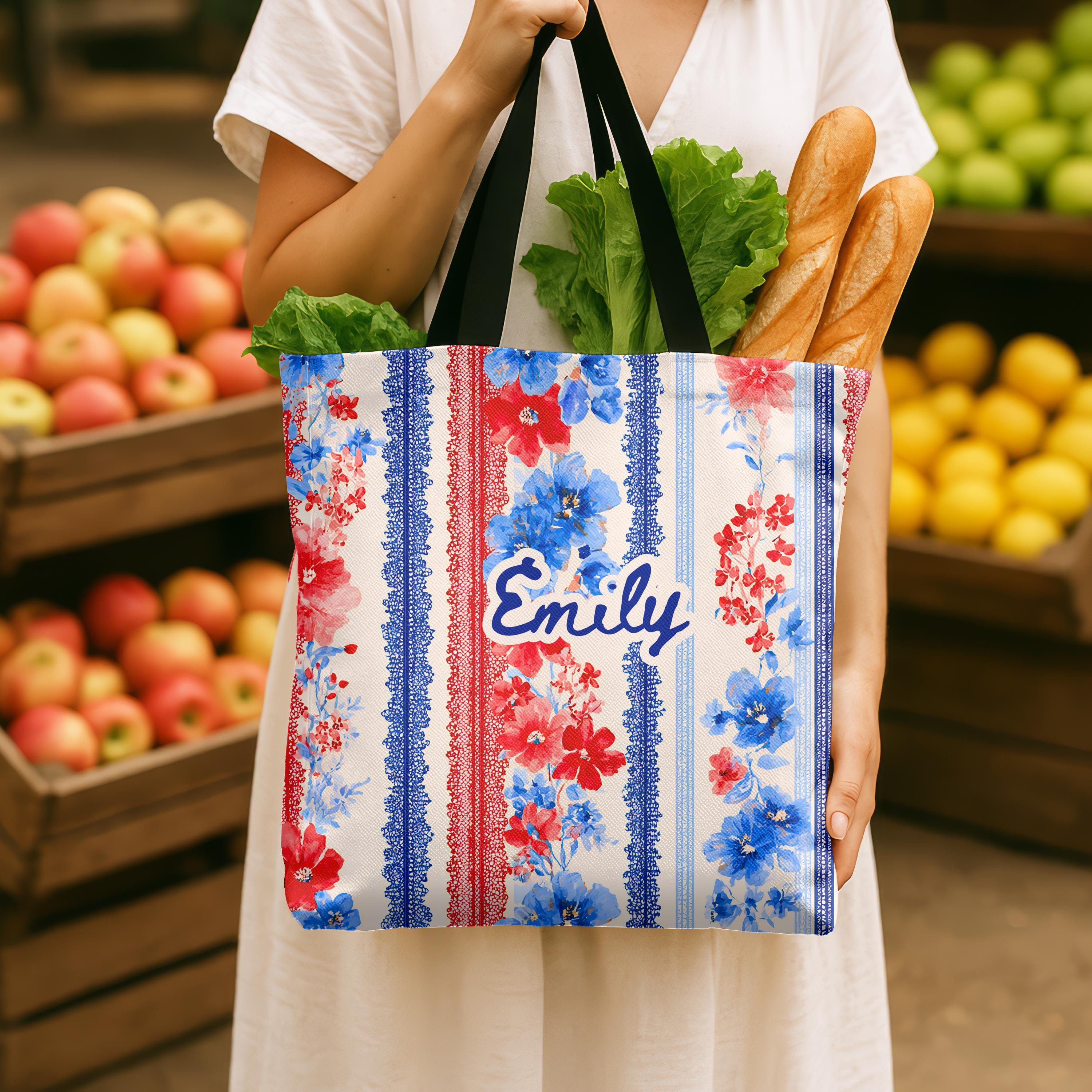 Personalized Patriotic Wildflower Tote Bag Red White Blue Floral