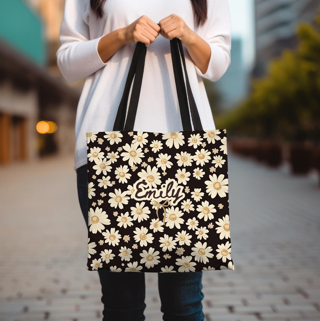 Personalized Wildflower Daisy Tote Bag, Custom Name Boho Floral Everyday Bag