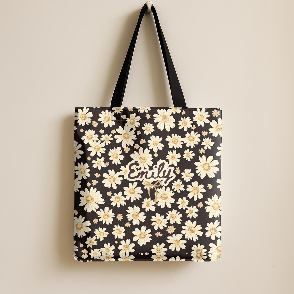 Personalized Wildflower Daisy Tote Bag, Custom Name Boho Floral Everyday Bag