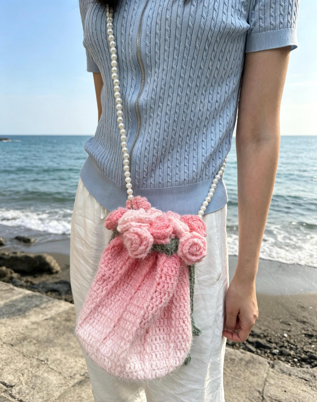 CrochetRecipe Handmade Crochet Flower Tote Drawstring Bag Pearl