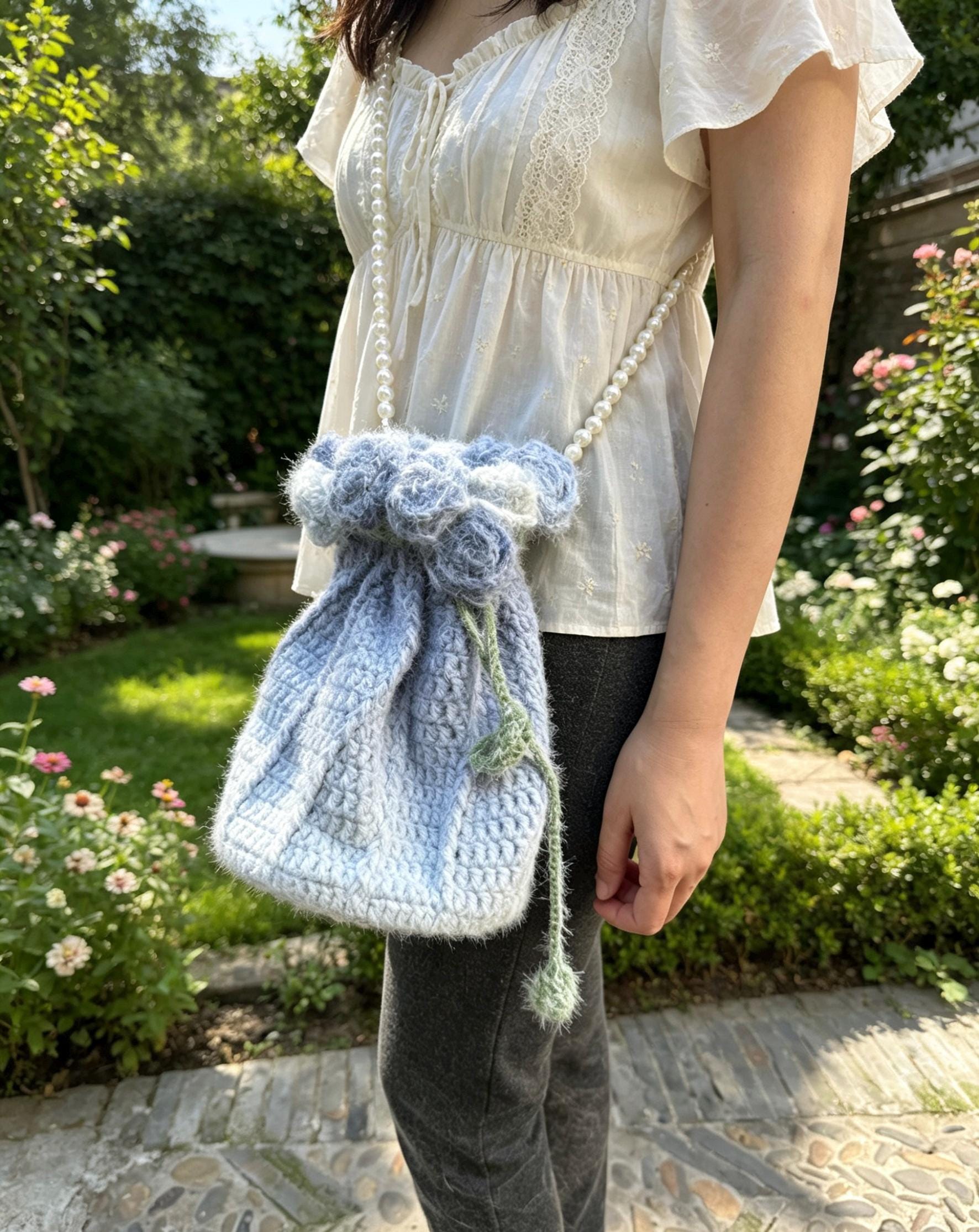 CrochetRecipe Handmade Crochet Flower Tote Drawstring Bag Pearl