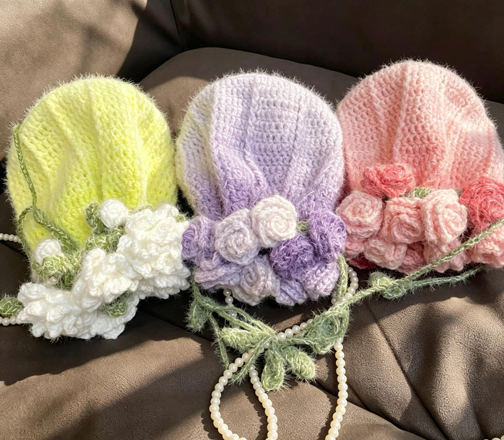 CrochetRecipe Handmade Crochet Flower Tote Drawstring Bag Pearl