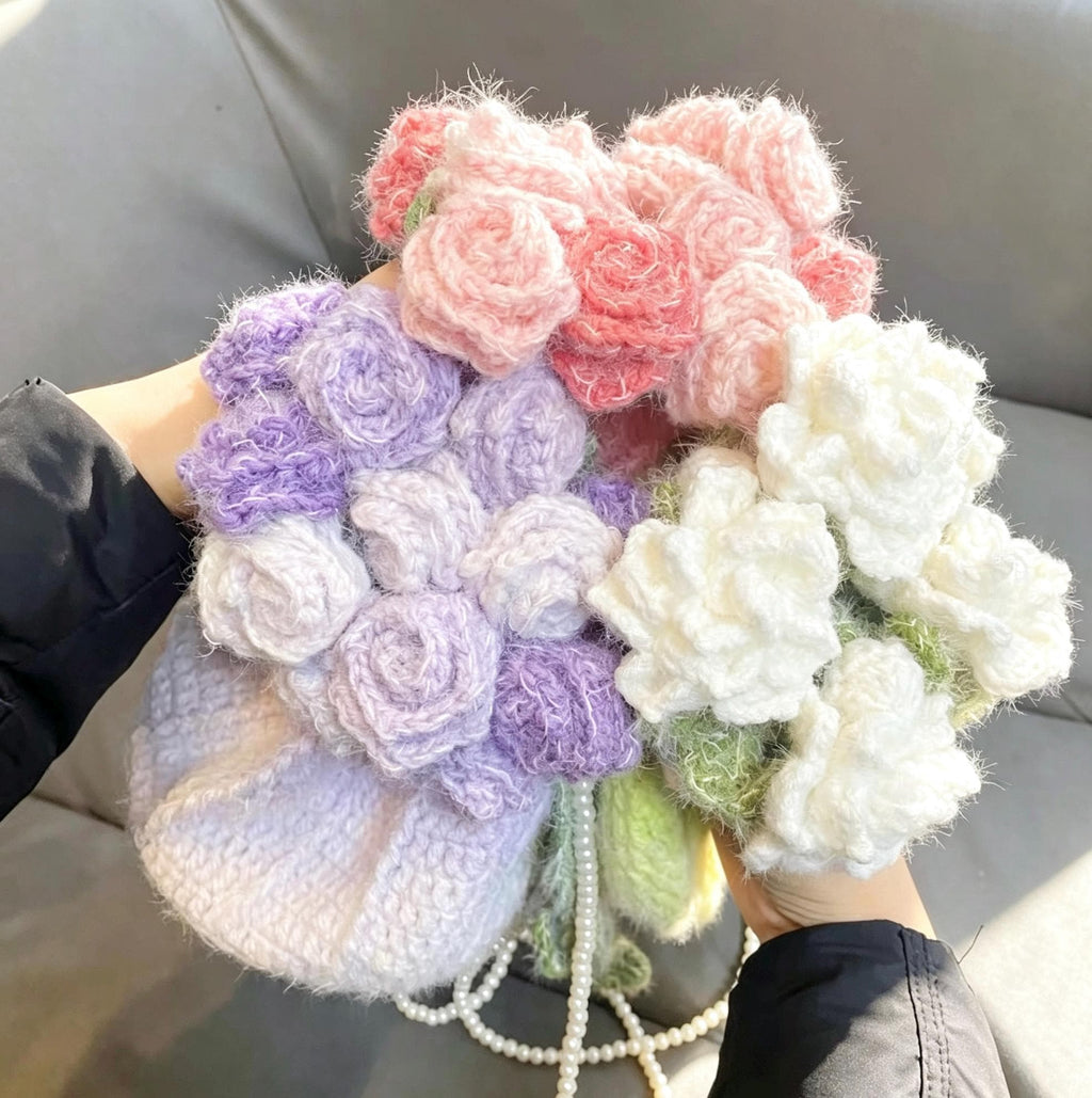 CrochetRecipe Handmade Crochet Flower Tote Drawstring Bag Pearl