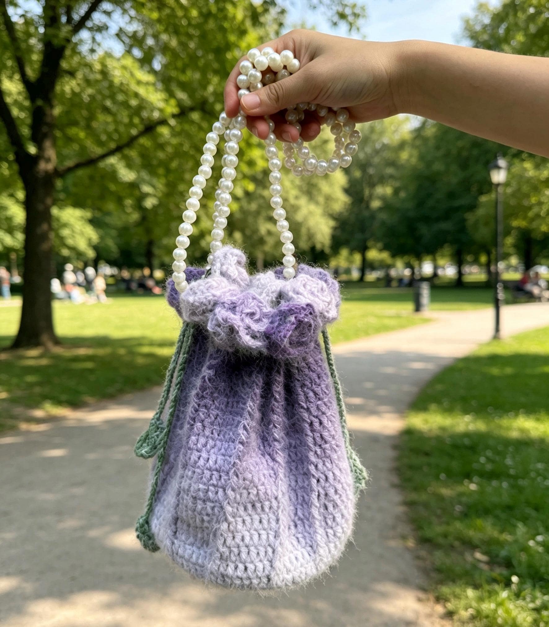 CrochetRecipe Handmade Crochet Flower Tote Drawstring Bag Pearl