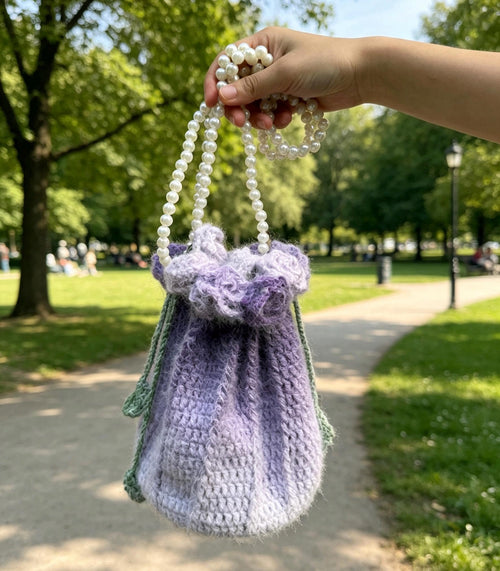 CrochetRecipe Handmade Crochet Flower Tote Drawstring Bag Pearl