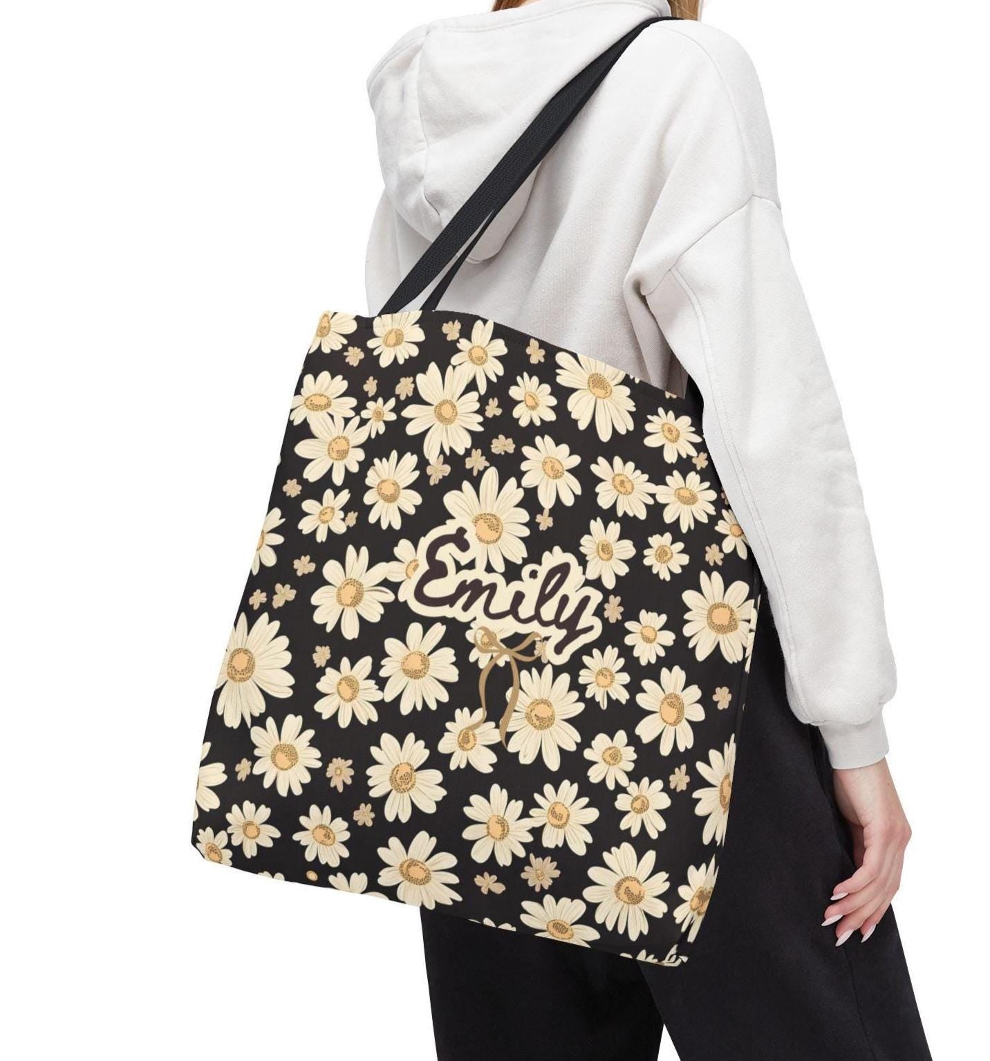 Personalized Wildflower Daisy Tote Bag, Custom Name Boho Floral Everyday Bag